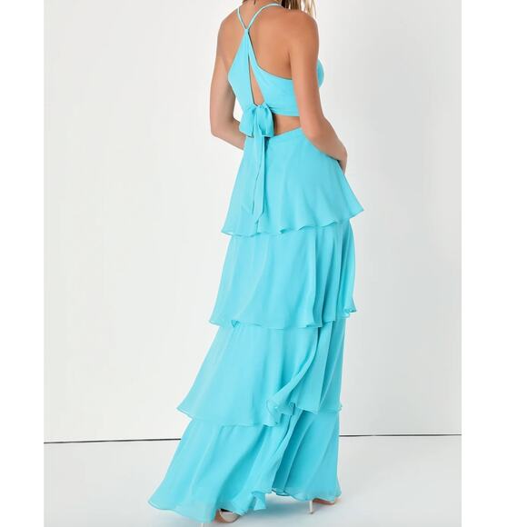Lulus NWOT Tier and Now Blue Sash Tie-Back Tiered Plunging Cut-Out Maxi Dress - Picture 8 of 12